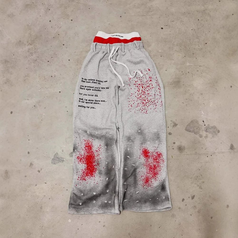 American Gothic Old Inkjet Painted Letter Printed Double-Layer Sports Casual Pants for Men Loose Hip-Hop Rap Street