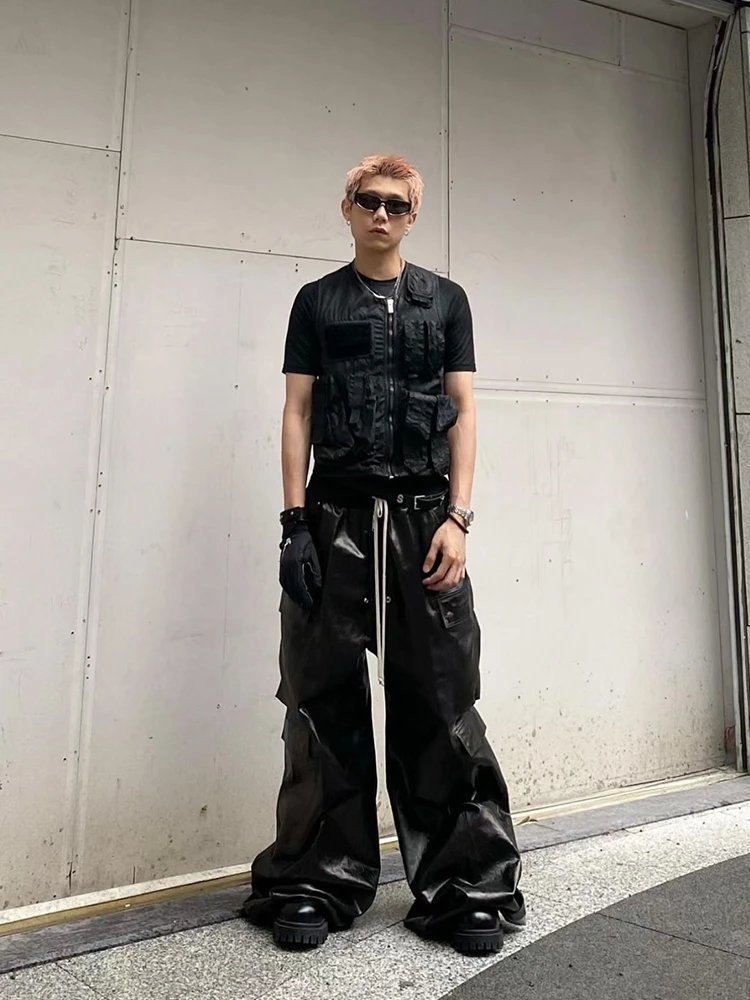 Ro Acbt Metal-Coated Waxed Glossy Multi-Pocket Workwear Straight-Leg Casual Drawstring Flared Wide-Leg Floor-Length Pants：findsindex.com