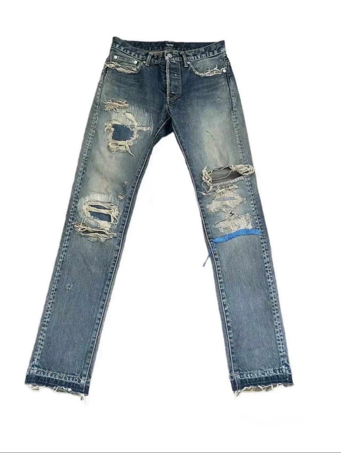 【Same Day Shipping】 Lvyin Studio Undercover Blue Line Embroidery Washed Distressed Jeans