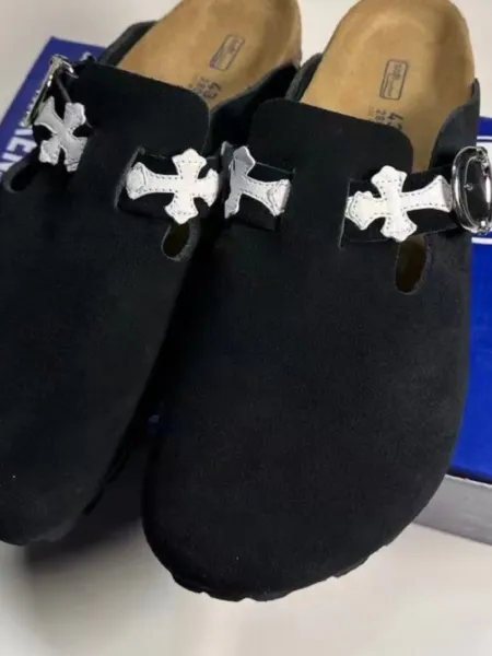 Chrome Hearts x Birkenstock Boston Clog Black Suede with Silver Cross Buckles Slippers - 1