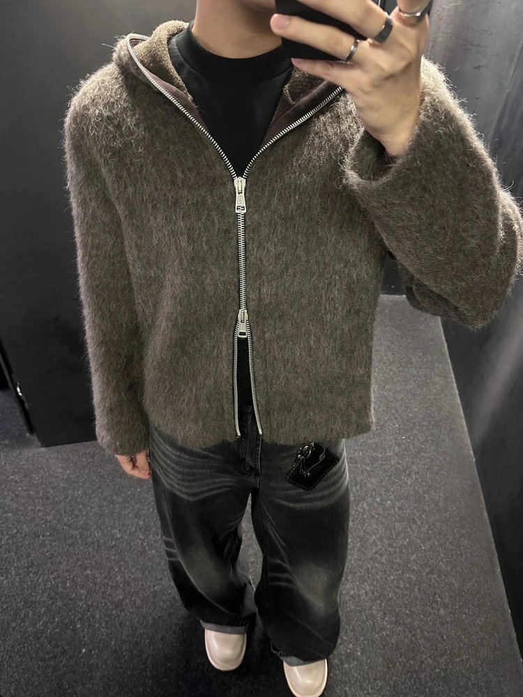OurLegacyGrayZipperMohairCardiganWoolBlendCasualLooseHoodedKnitwearJacket
