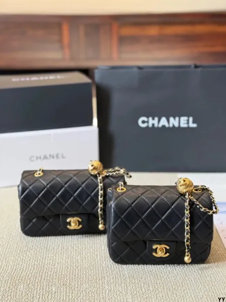 Chanel Mini Classic Flap Bag Black Quilted Lambskin with Gold Hardware and Pearlized Ball Charm Chain Bag Shoulder Bags - 1