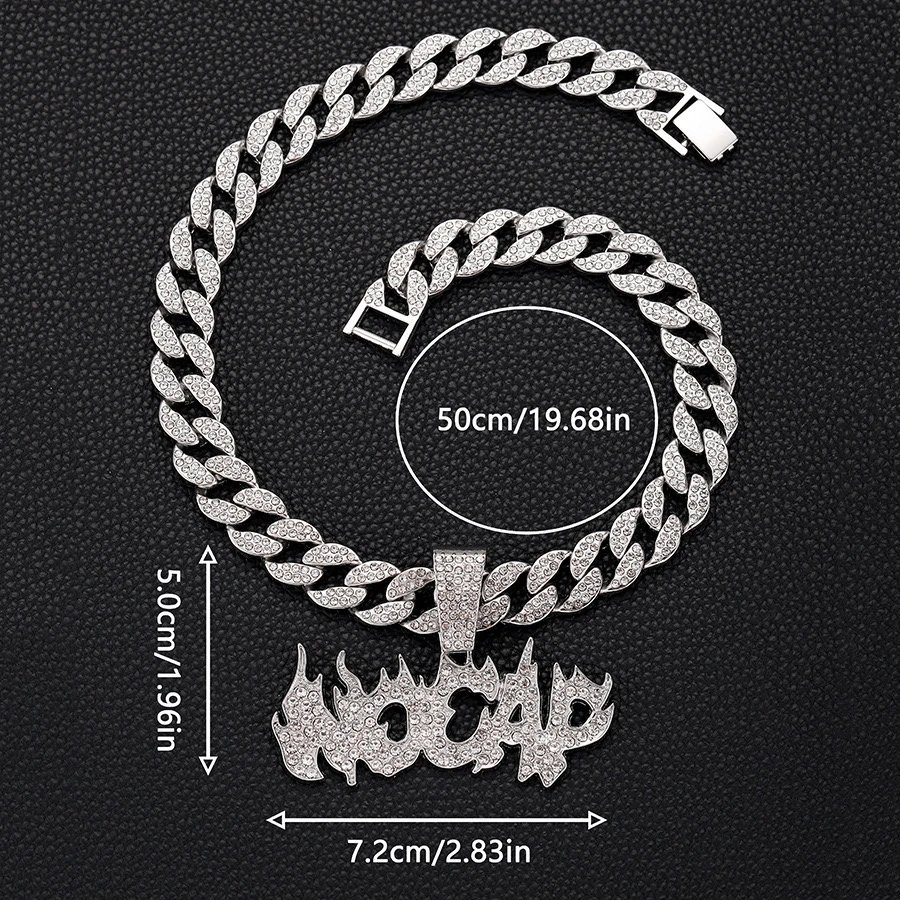 Design Iced Out Cuban Link Chain Necklace with 'NO CAP' Pendant Silver Jewelry