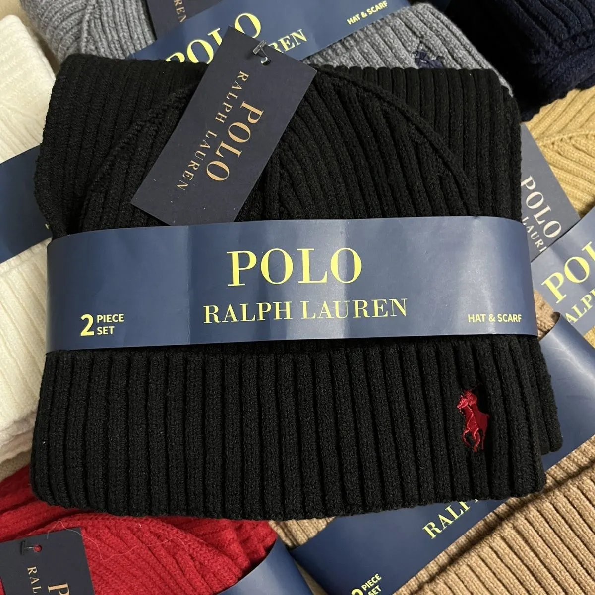 Polo Ralph Lauren Ribbed Knit Beanie & Scarf Set Beige Hats - 4