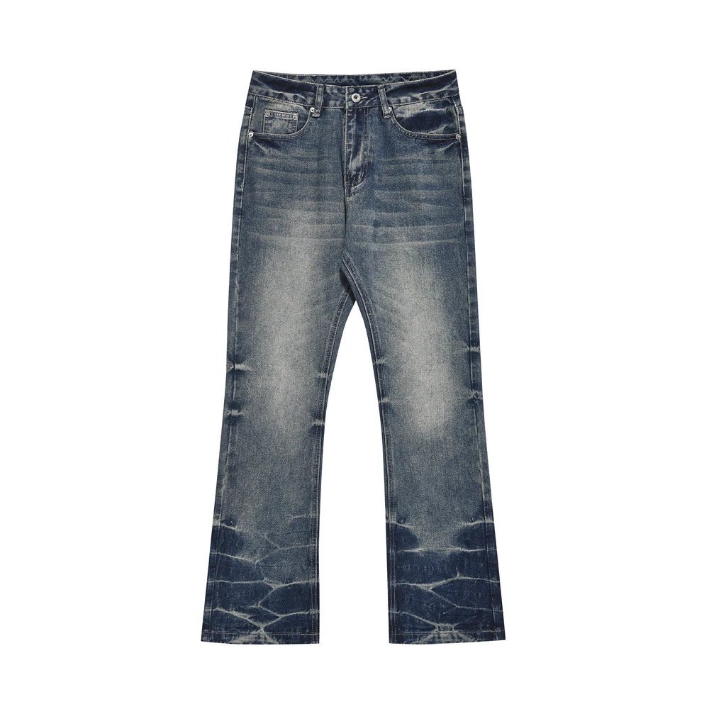 Old indentation denim pants Tide brand American retro design tie-dyed washed wide legs, micro-jeans men