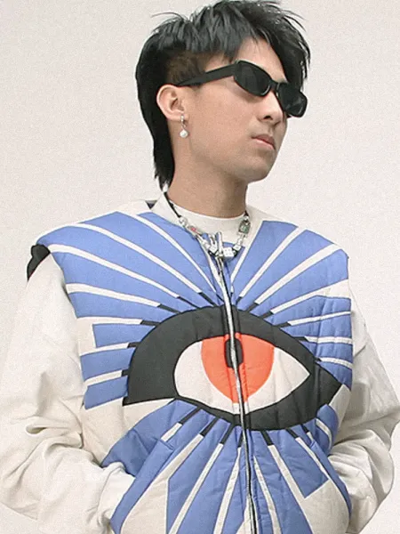 Design Eye Motif Puffer Vest White Blue Multicolor - 3