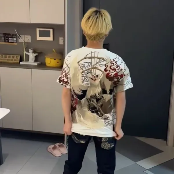 Design Nine-Tailed Fox Embroidered Graphic T-Shirt White - 4