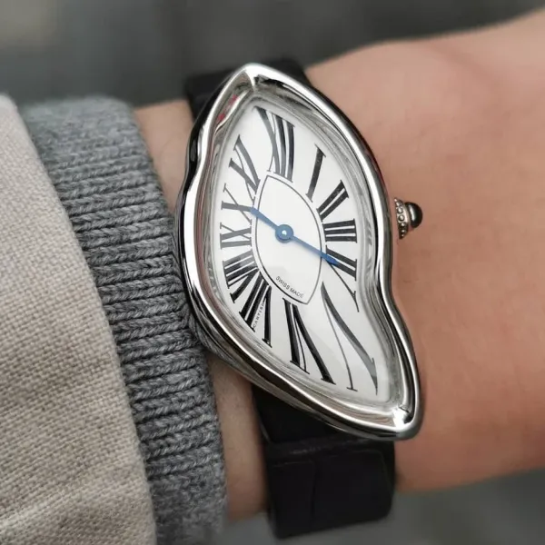 Cartier Crash White Dial Silver Case Black Leather Strap Mechanical Watch Watches - 1