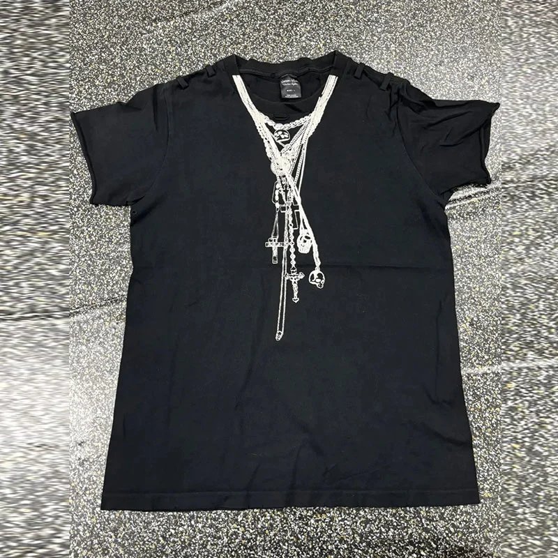 Black T-Shirt with Skull and Cross Necklace Print