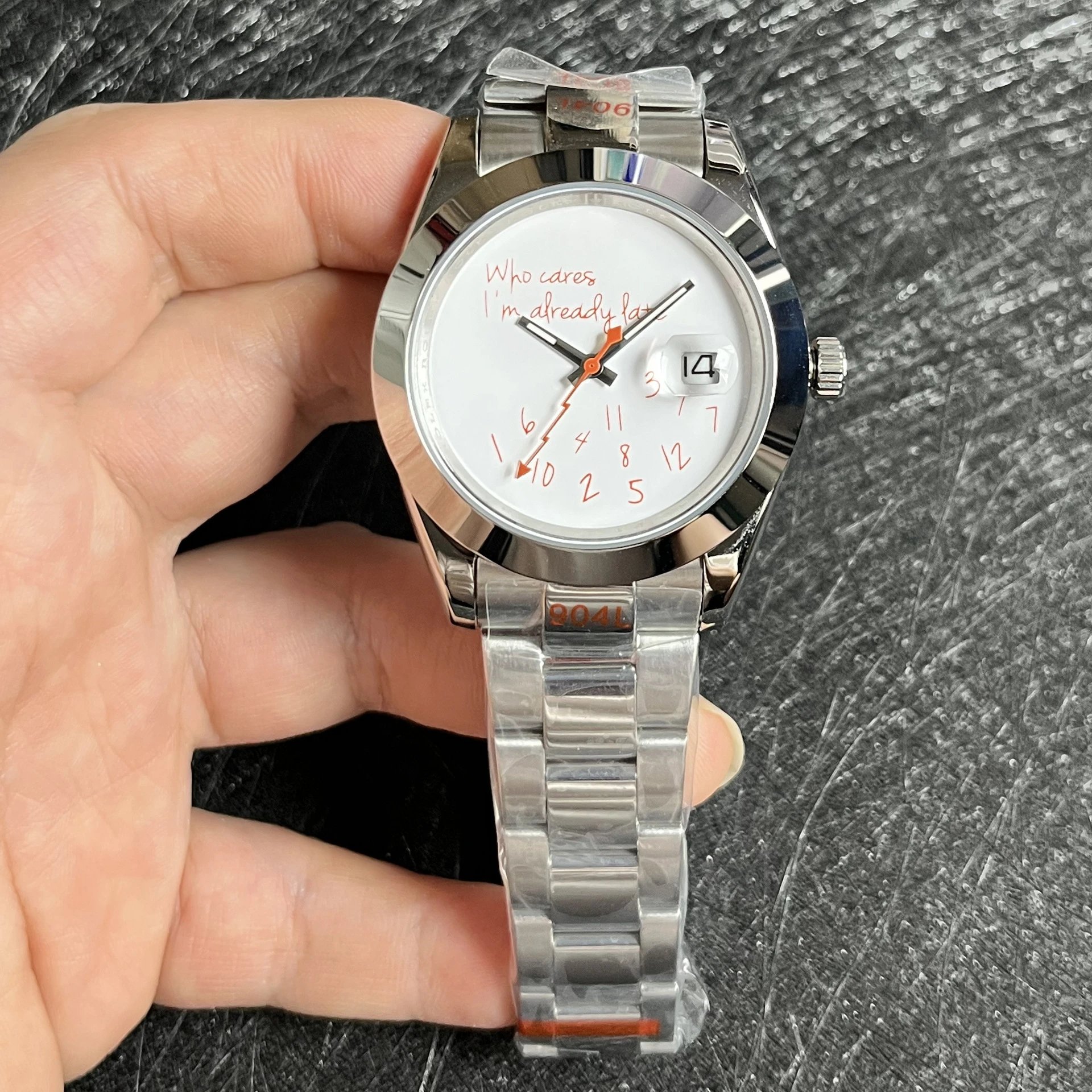 Rolex Watches "Who cares, I'm already late" novelty dial with date window — 8