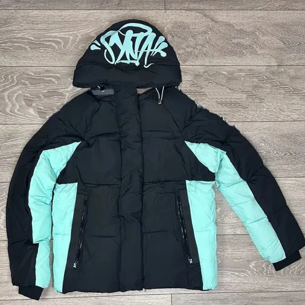 Design Graffiti Hooded Down Jacket Black and Mint Green - 1