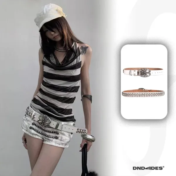 Design DND4DES Floral Buckle Belt White Leather Belt Belts - 1