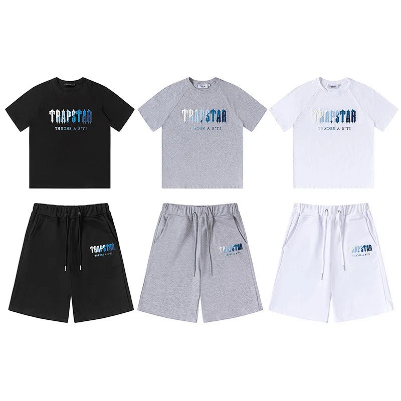 factory direct rainbow white blue towel embroidery short sleeve shorts casual high street round neck set loose