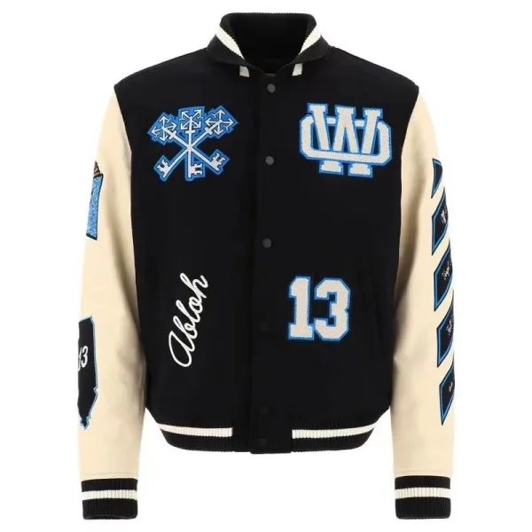 Design Varsity Jacket Black Beige Embroidered Logo Outerwear Jacket - 1