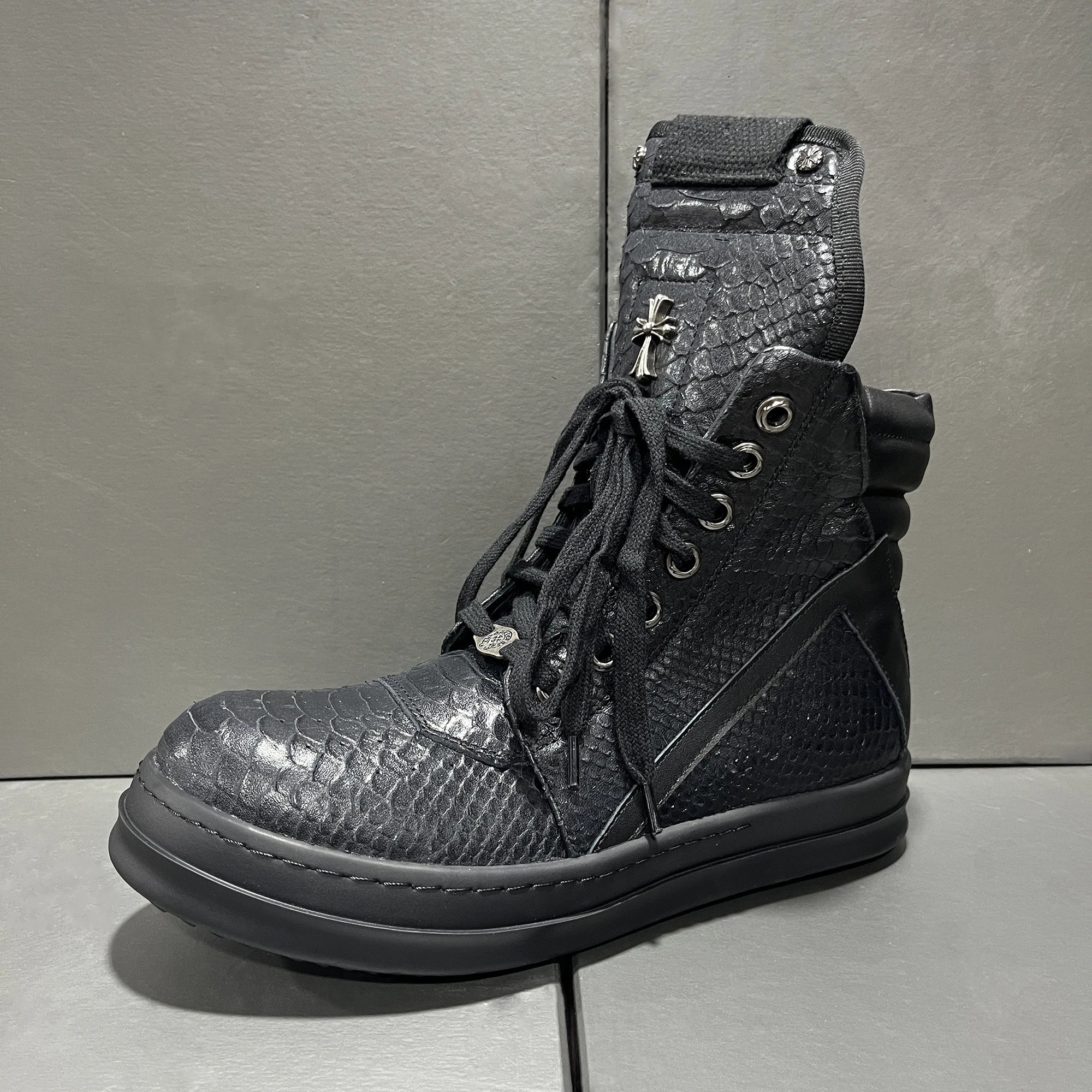 Chrome Hearts Python-Embossed High-Top Boot Black