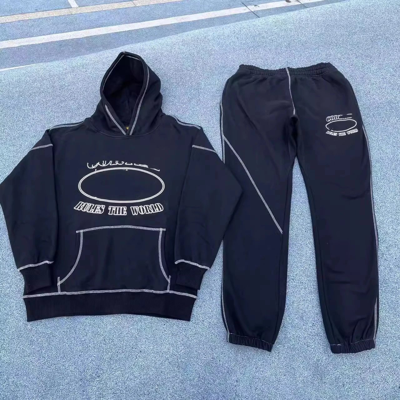 Black topstitch sailboat Suit (hoodie + sweatpants)