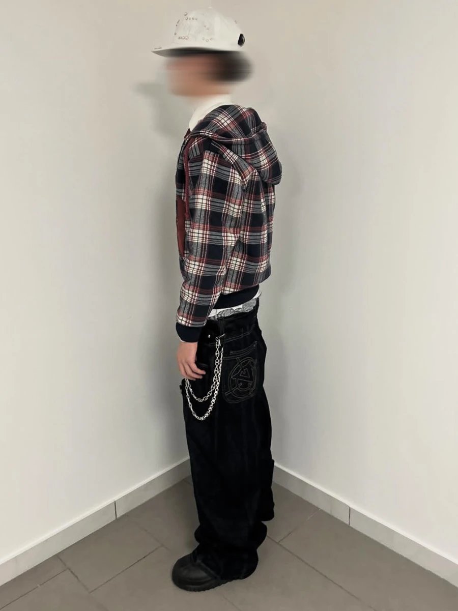 From the Street American-Style Patchwork Embroidered Plaid Boxy Hooded Cardigan Sweatshirt Jacket