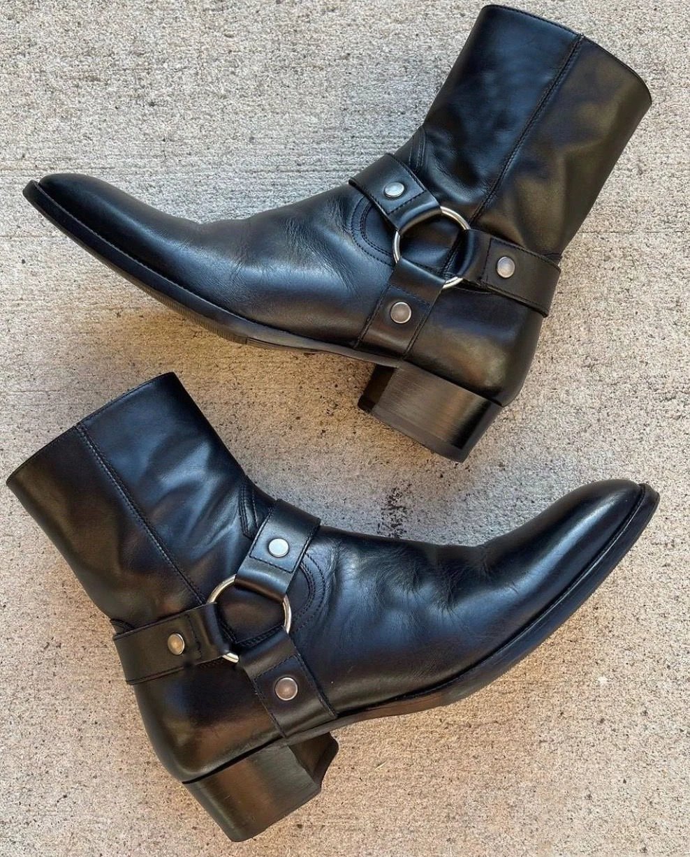 Design Motorcycle-Style Harness Boots Black Leather Boots Ankle Boots