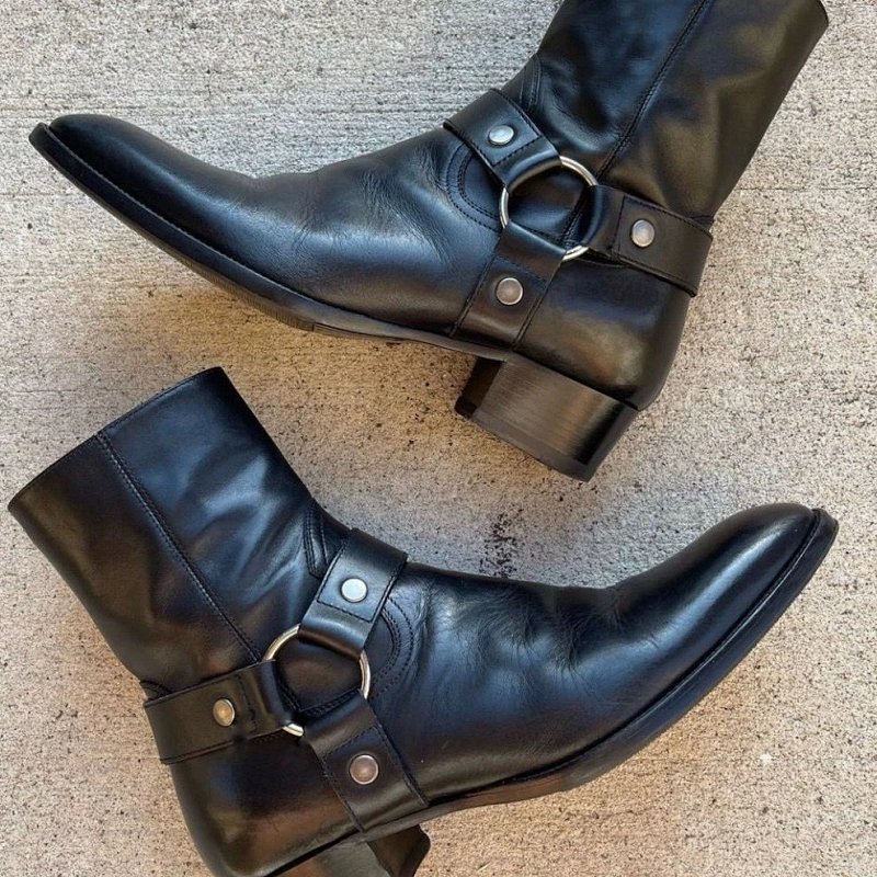 Motorcycle-Style Harness Boots Black Leather Boots Ankle Boots