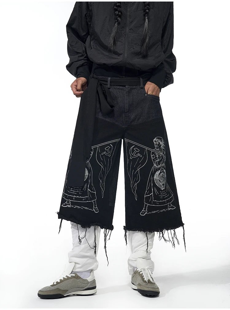 Design Fourth3ex Soviet Propaganda Print Wide-Leg Denim Pants Black Jeans - 5