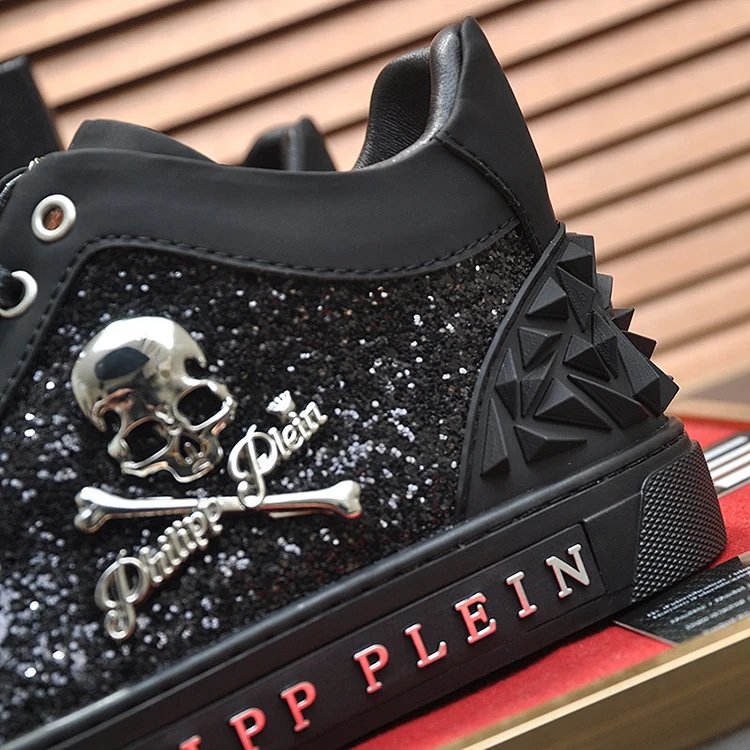 Men's High-Top Sneakers 2024 Winter New Skull Genuine Leather Patchwork Sequin Casual Skate Shoes