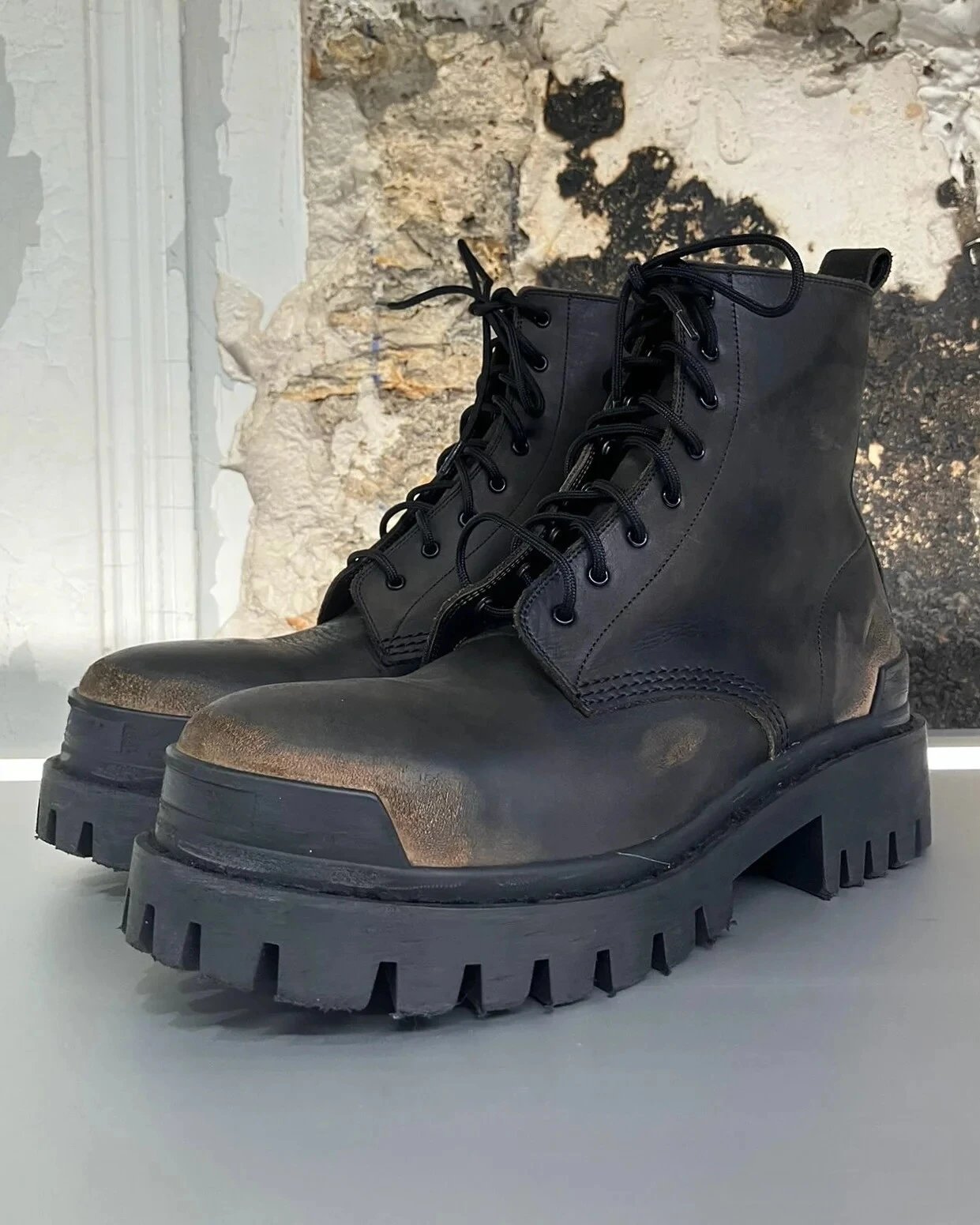 Rick Owens DRKSHDW Combat Boots Black Distressed Leather Boots Martin Boots