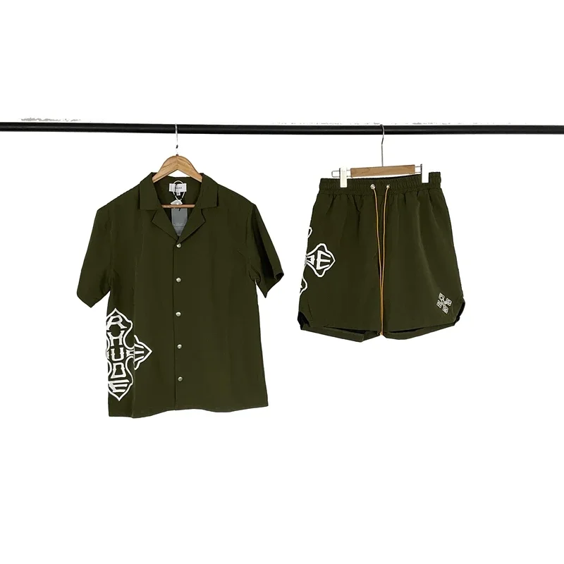 Rhude Military Green Gothic Cross Embroidered Resort Set