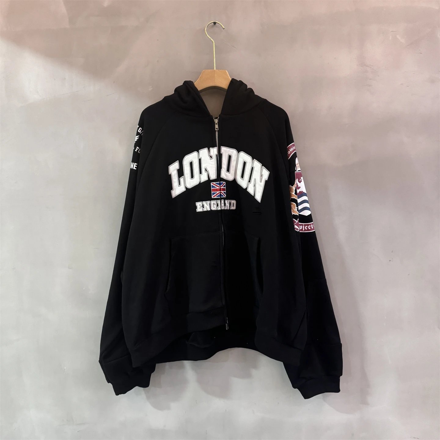 Project Gr Hoodie London England Heavy Embroidery Badge Black