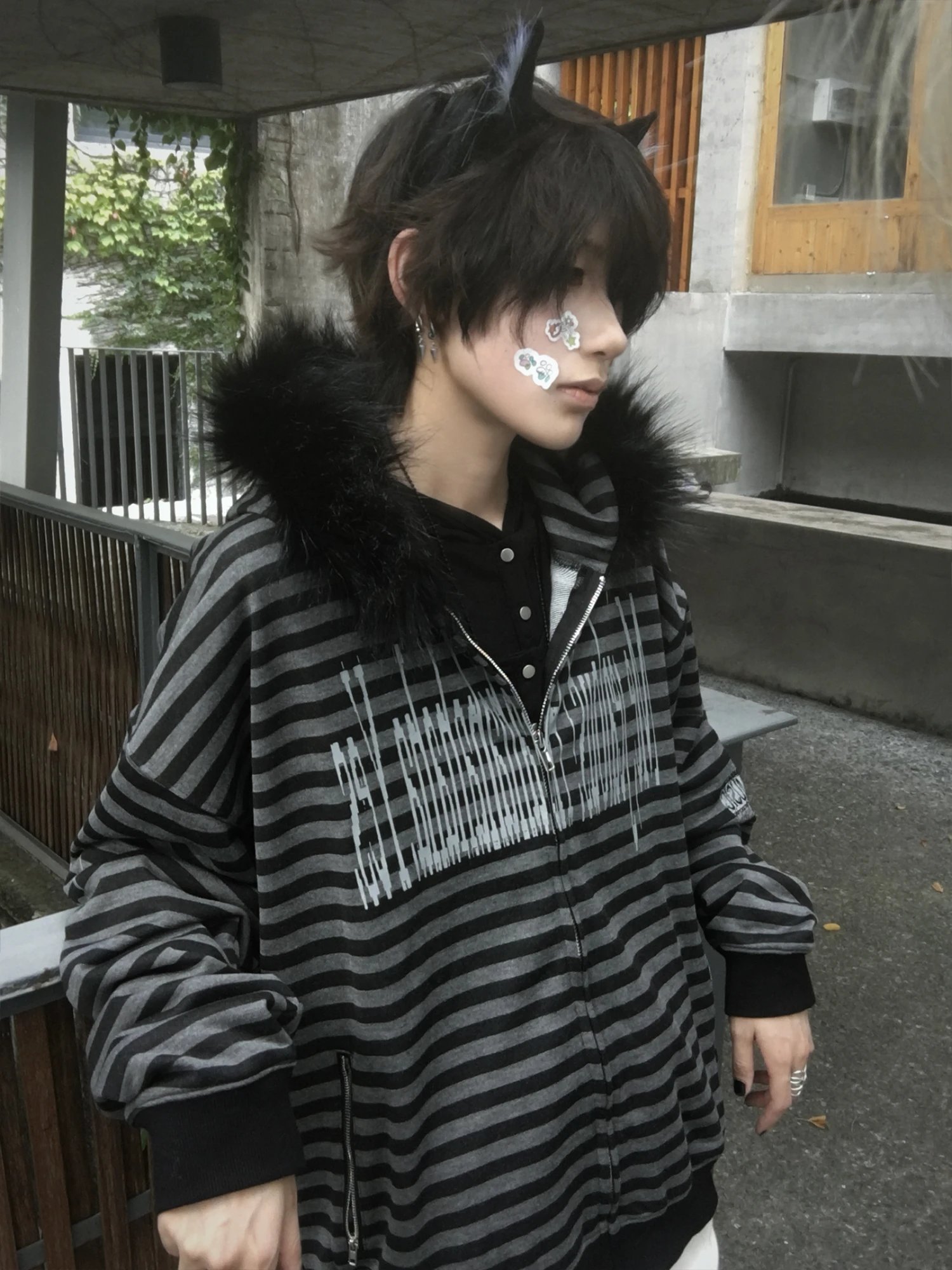 Paiki """"The Preludes """"Jief"" Black and Gray Striped Fur Collar Cardigan Sweater Hooded Sweatshirt for Men

