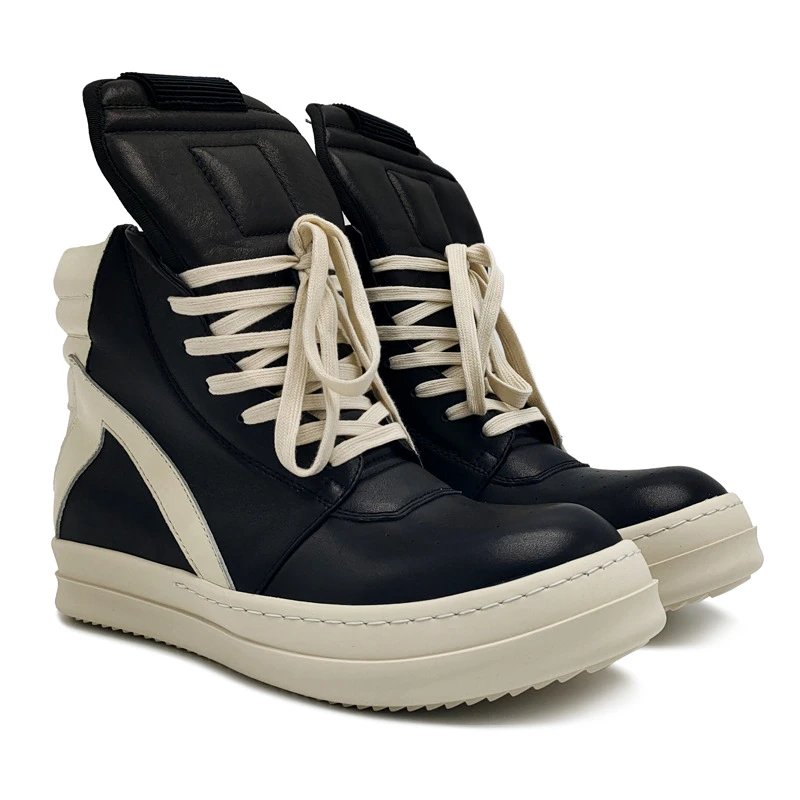 25 New Autumn/Winter Men's High-Top Shoes, Black White Large Inverted Triangle, Cowhide Leather, Big Size 48, Thick Sole, Unisex European & American Style