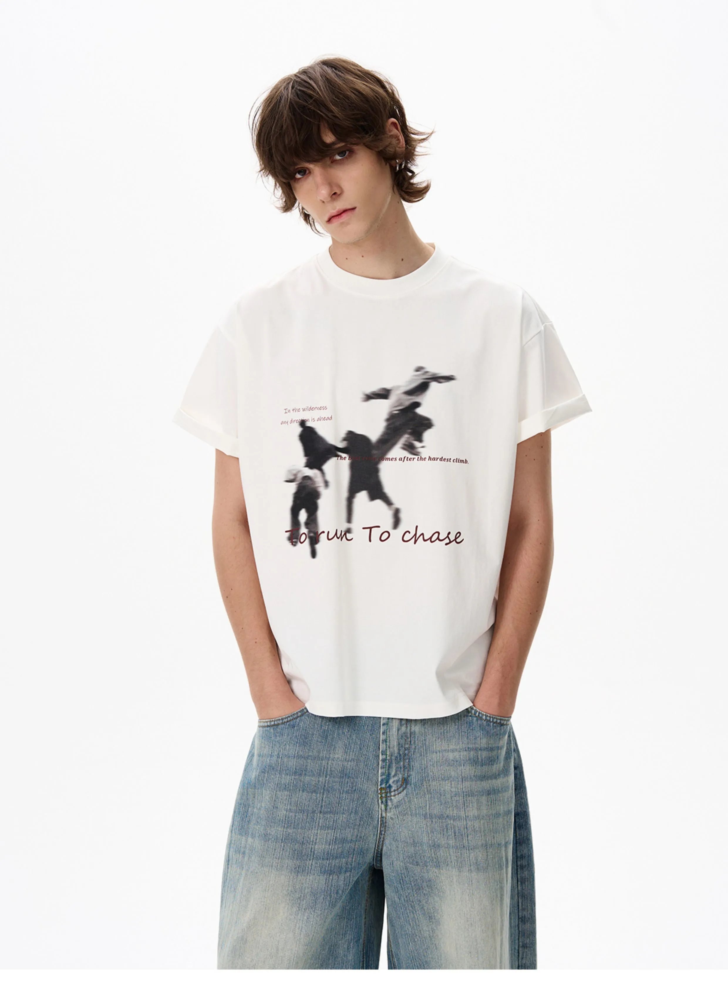 Design 'To Run To Chase' Graphic Print Oversized T-Shirt White - 8