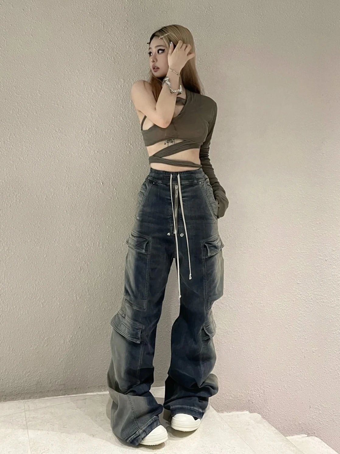 Design Cargo Pants with Drawstring Waist and Tote Bag Set - 6