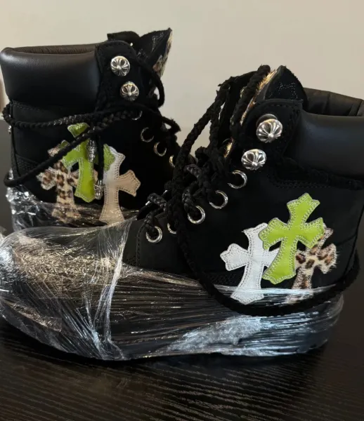 Chrome Hearts Cross Patch Black Leather Boots with Neon Green and Leopard Accents - 1