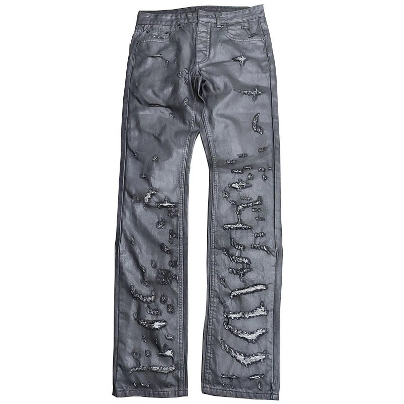 D Vinyl Destroyed Wax Pants Home04 Wax Brushed Coating Hole Washed Slim Fit Ready Stock