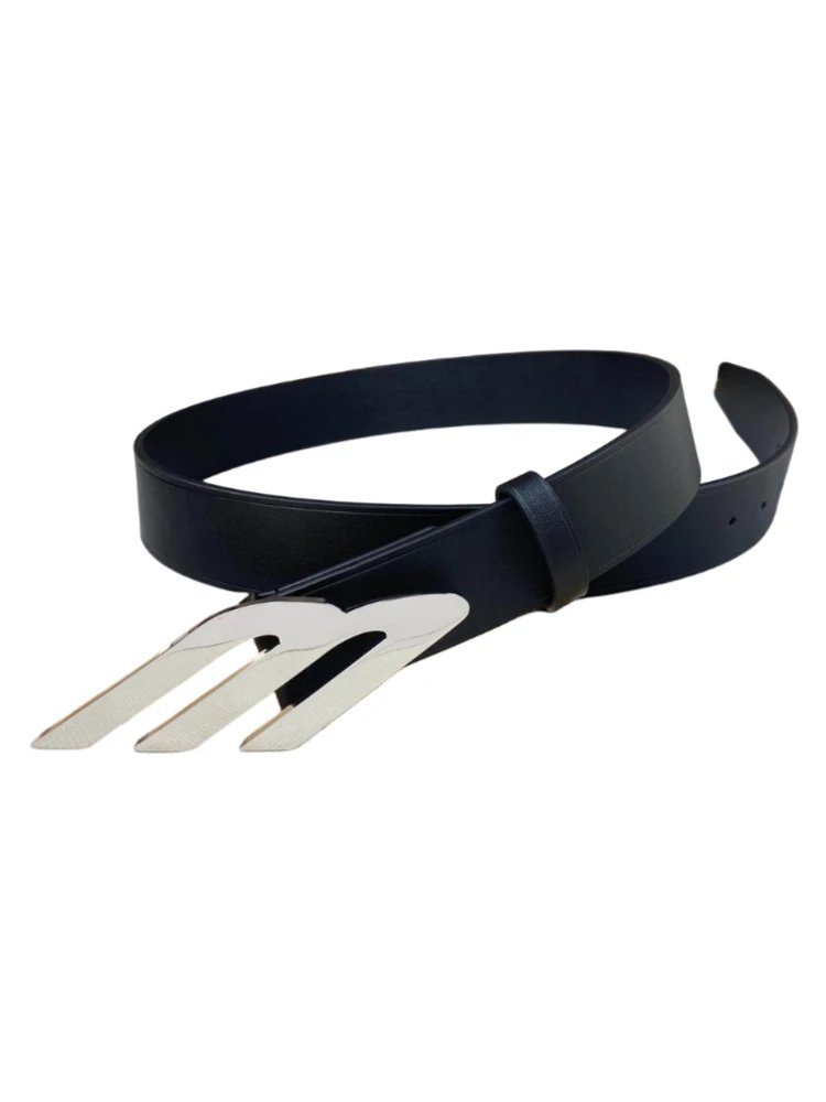 Design Signature Buckle Leather Belt Black - 5