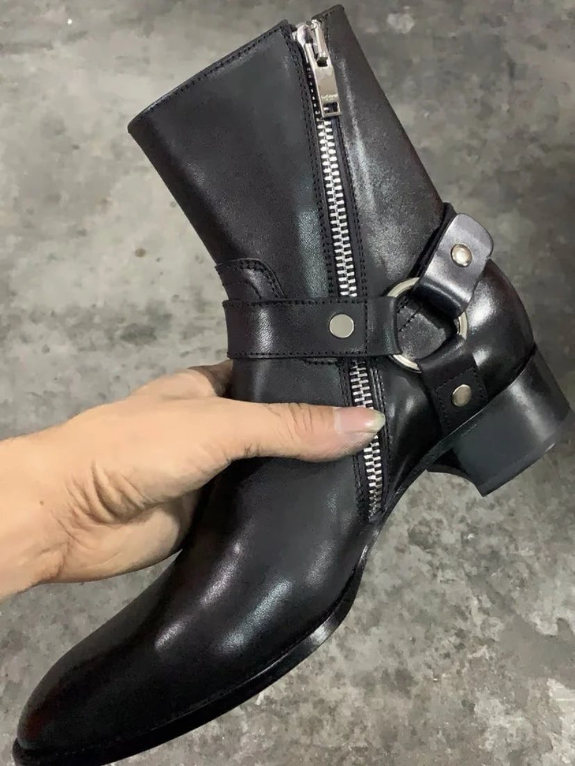 Design Moto-Style Ankle Boot Black Leather Boots - 2