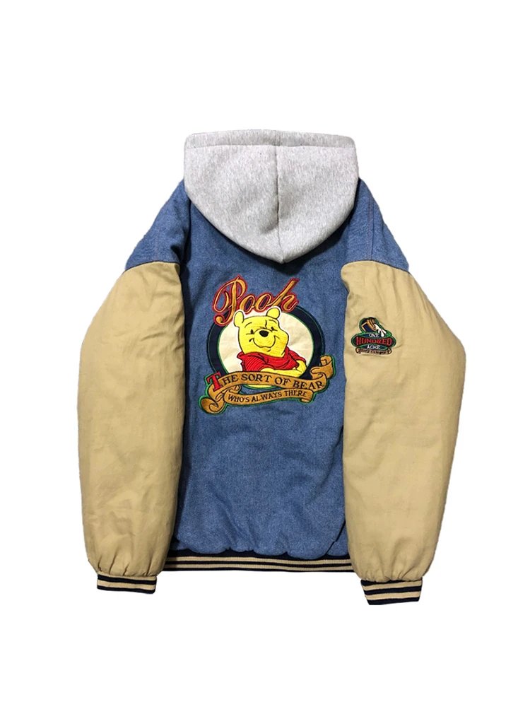 Design Winnie the Pooh x Disney Varsity Jacket Blue Beige Hooded Bomber Outerwear - 2