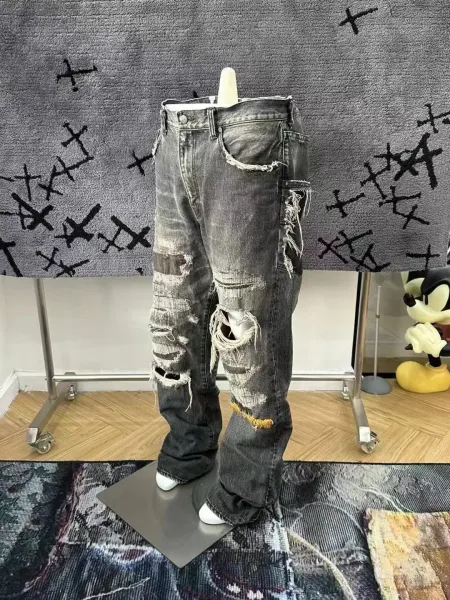 Design Distressed Wide-Leg Gray Denim Jeans - 2