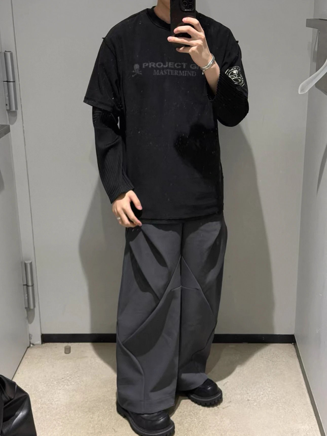 Design Project G / R Mastermind Black Oversized T-Shirt with Ribbed Sleeve Layer T-Shirts - 3