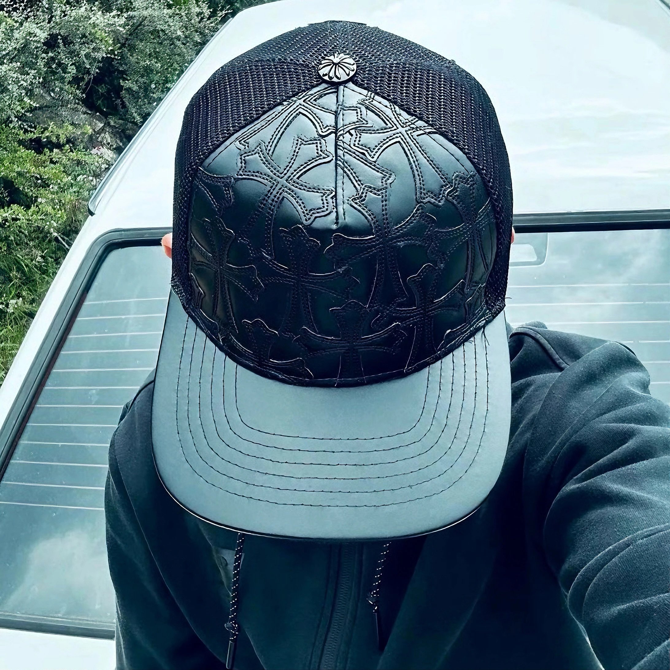 Chrome Hearts Cross-Embossed Leather Baseball Cap Black Hats - 4