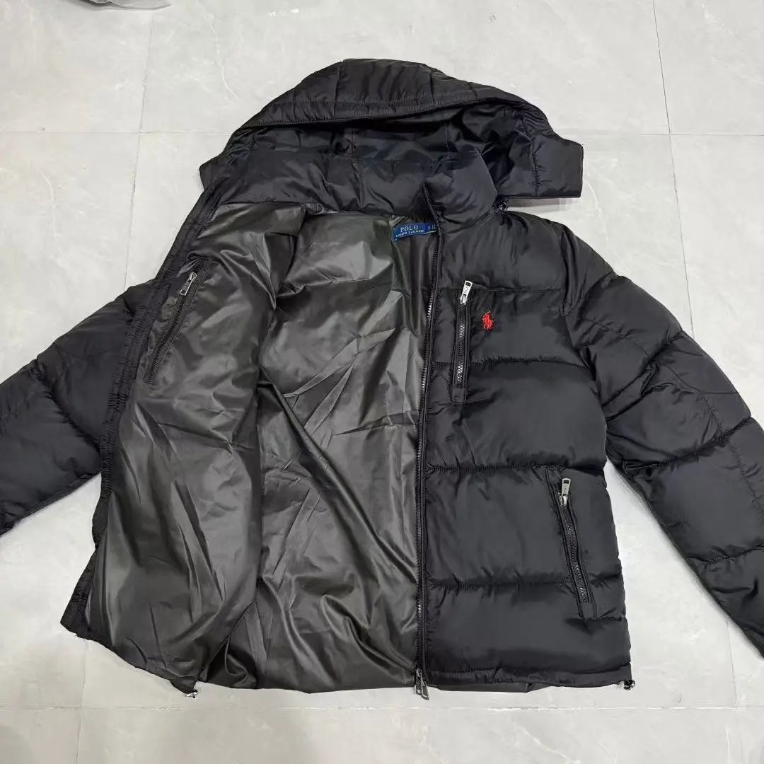 Black Quilted Down Jacket with Hood and Red Pony Logo - 136397