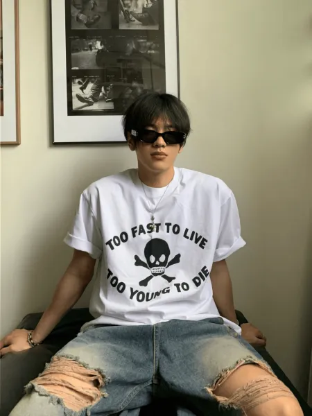 Design Too Fast To Live Too Young To Die Skull Graphic T-Shirt White - 2