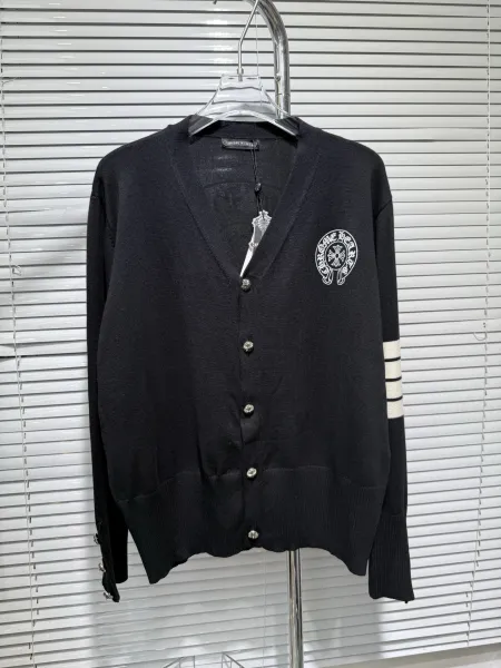 Chrome Hearts V-Neck Cardigan Black with Cross Motif and Striped Sleeve - 1