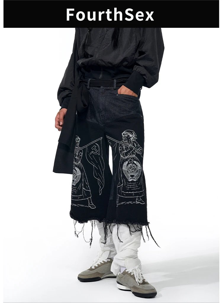Design Fourth3ex Soviet Propaganda Print Wide-Leg Denim Pants Black Jeans - 2