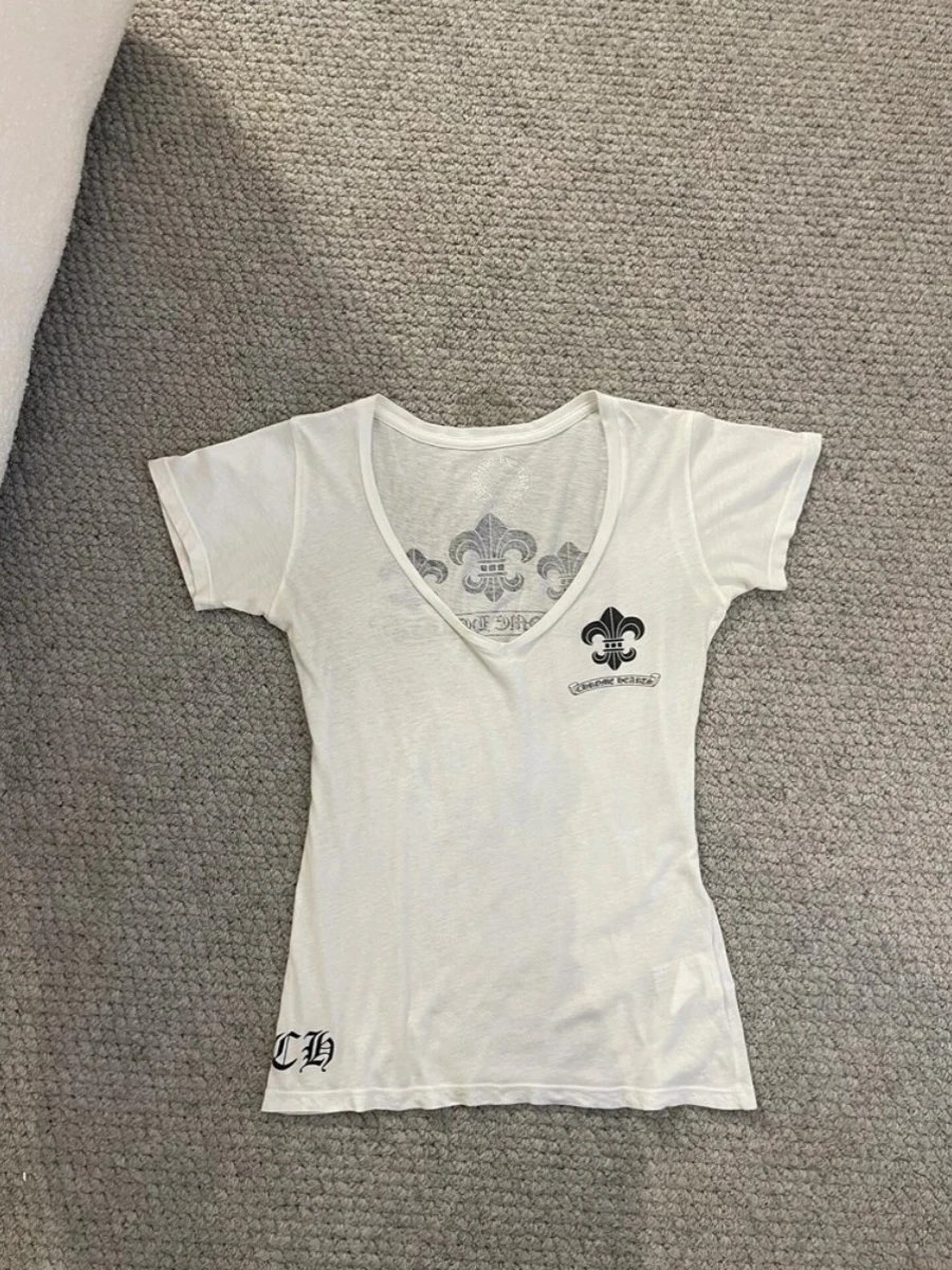 Chrome Hearts Fleur-de-Lis V-Neck White T-Shirt - 4