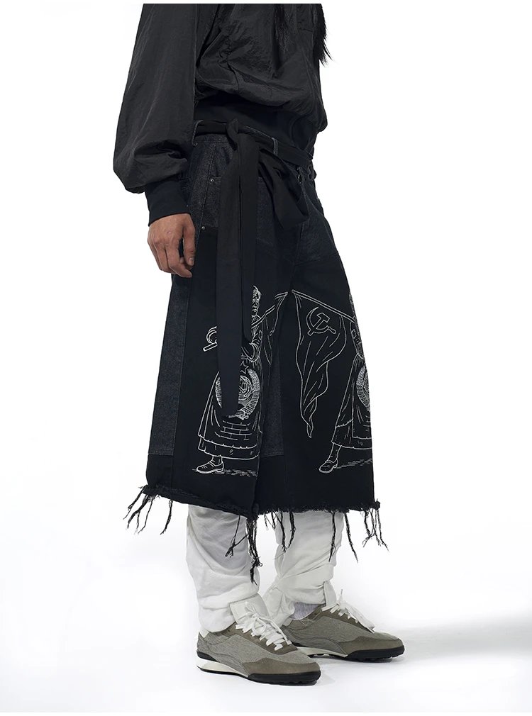 Design Fourth3ex Soviet Propaganda Print Wide-Leg Denim Pants Black Jeans - 10