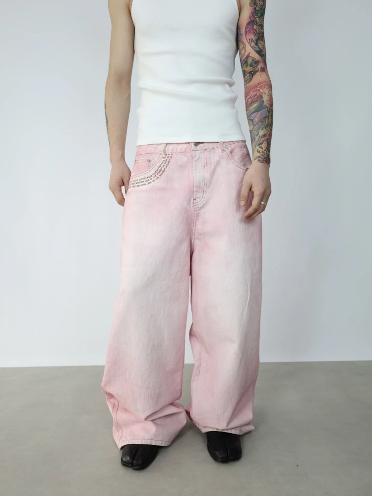 2359Timestore Pink Bamboo Pattern Embroidered Washed Loose Casual Wide-Leg Baggy Denim Pants