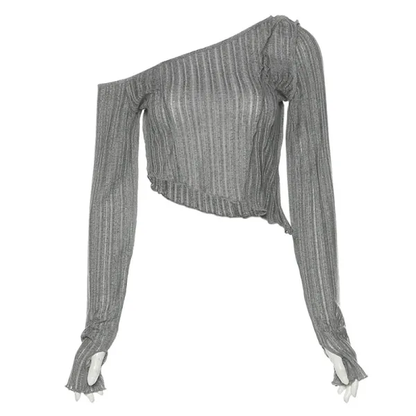 Design Off-Shoulder Ribbed Crop Top Gray - 1