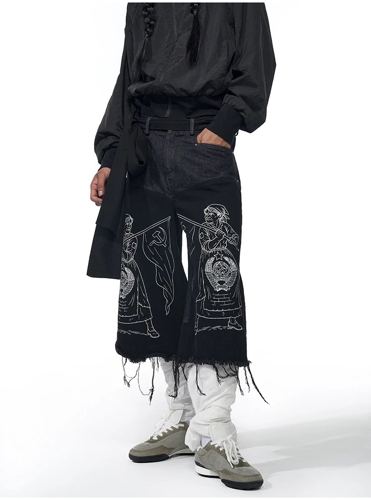 Design Fourth3ex Soviet Propaganda Print Wide-Leg Denim Pants Black Jeans - 7