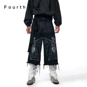 Design Fourth3ex Soviet Propaganda Print Wide-Leg Denim Pants Black Jeans